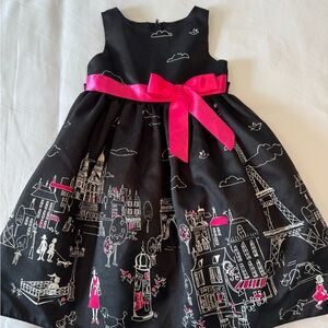 Rare Editions Paris Print Party Dress Girls Size 5 Black Pink Bow